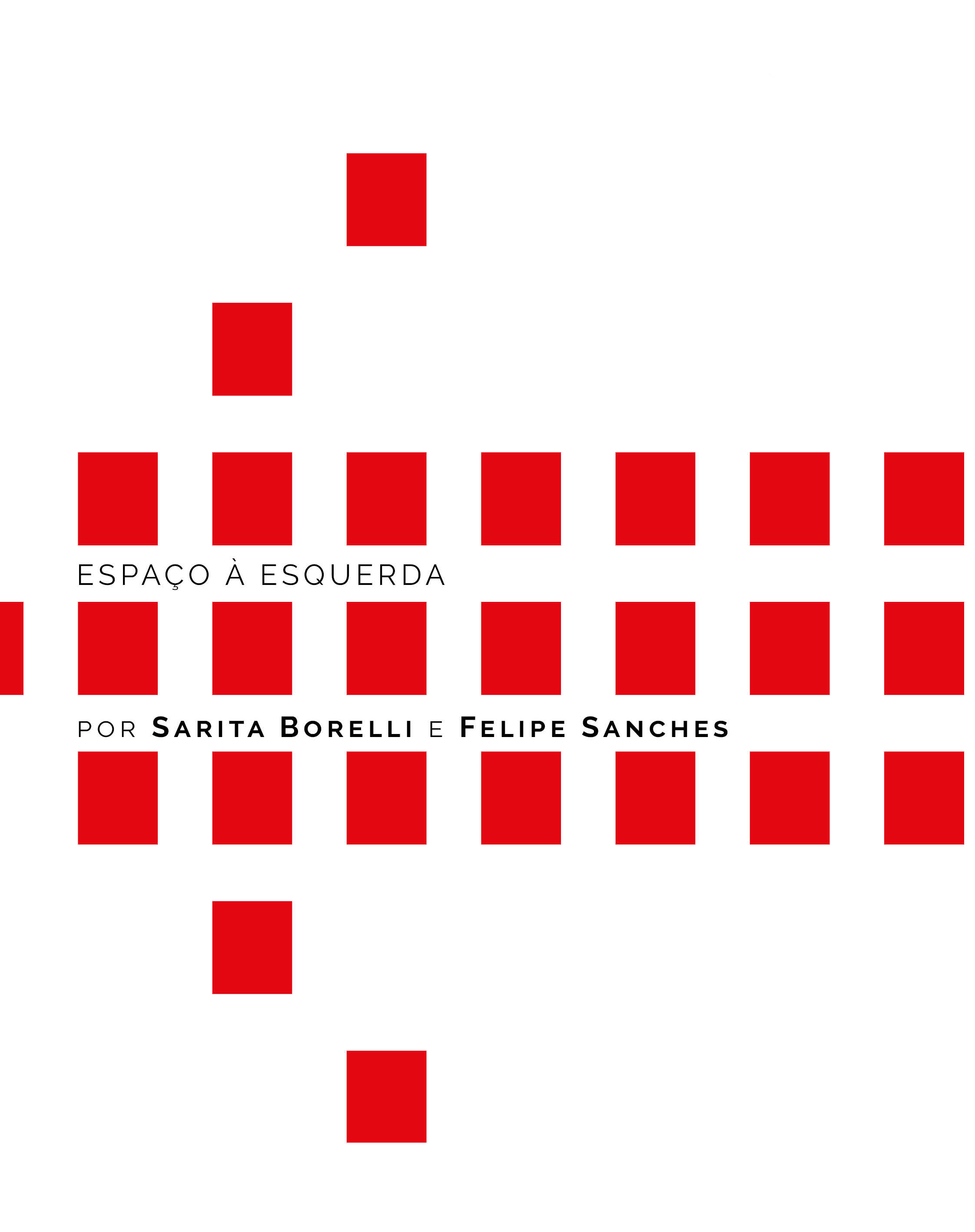 Seta formada por quadrados vermelhos. Entre os quadrados centrais o título "espaço à esquerda" e os nomes dos autores por Sarita Borelli e Felipe Sanches.