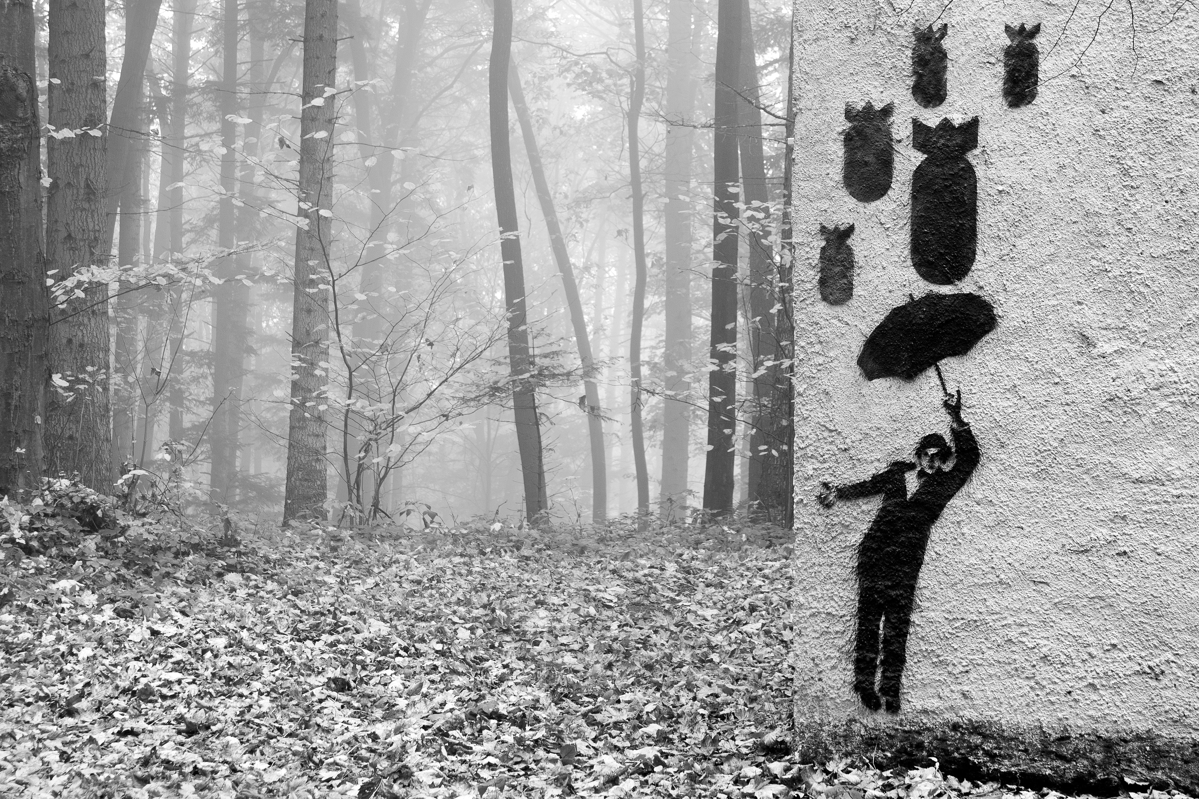 Fotografia em preto e branco de parte de um muro em primeiro plano e uma floresta em segundo plano. No muro, foi pintado como grafite um personagem no estilo do Charlie Chaplin com smoking e segurando um guarda-chuva no alto da cabeça para se proteger de três mísseis que caem do céu, também pintados como grafite.