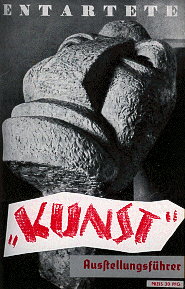 Cartaz em preto e branco para a divulgação da exposição "Arte" Degenerada. Com o rosto de uma estátua de pedra e o nome Kusnst, arte em alemão, entre aspas e em vermelho.
