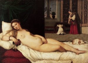 Quadro de 1538. Mulher nua deitada na cama olhando para o espectador da tela. Uma de suas mãos segura pétalas de flores e a outra está repousada sobre o seu sexo. Aos seus pés, dorme um cachorro. Em segundo plano uma mulher de pé, com um vestido longo vermelho e uma de costas com um vestido branco ajoelhada mexendo dentro de um baú.