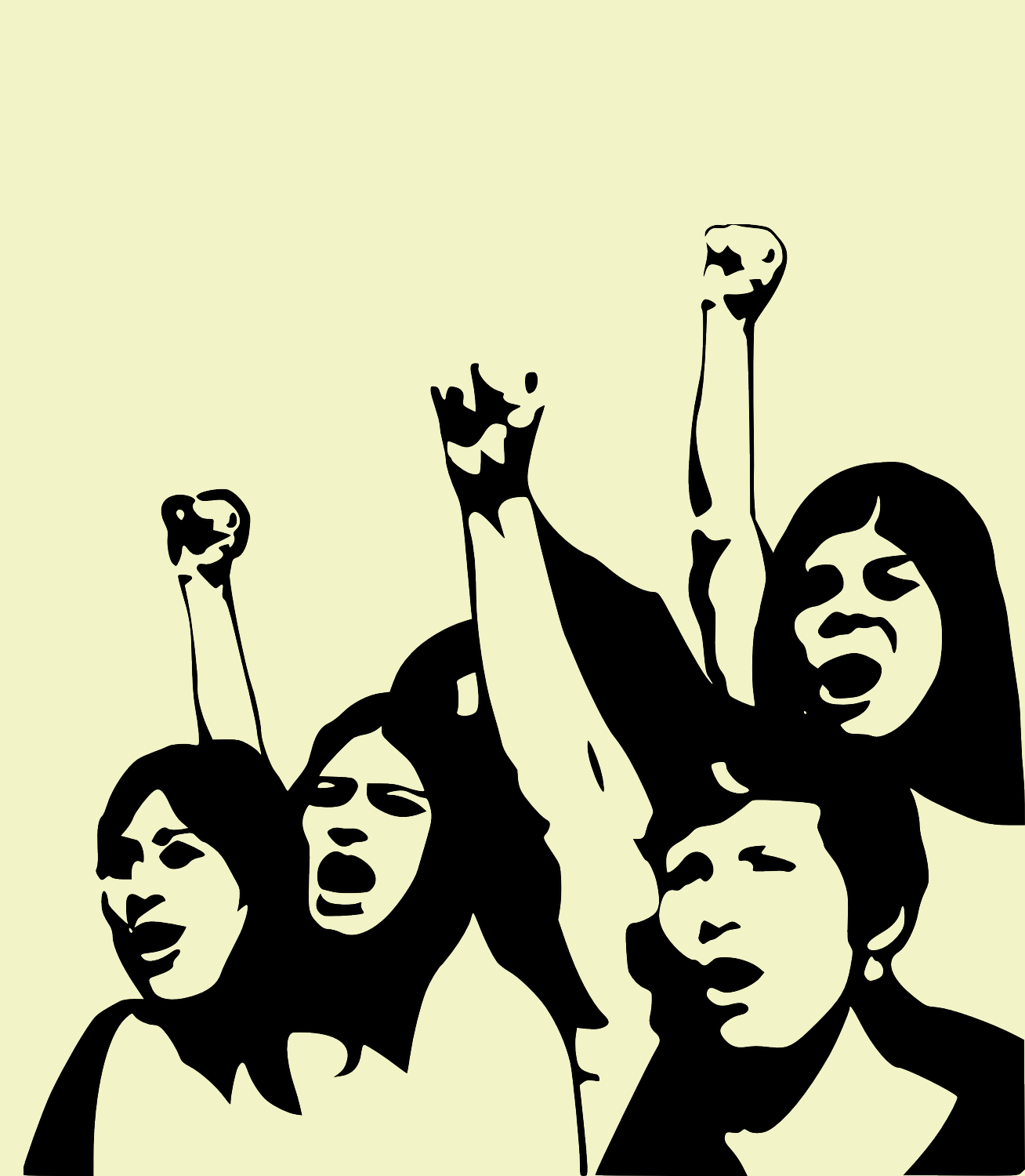 Ilustração de quatro mulheres com os braços erguidos e gritando como em um protesto