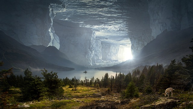 paisagem com montanhas ao fundo. Na paisagem há árvores diversas e um cervo. Depois da terra firma há um lago antes das montanhas.