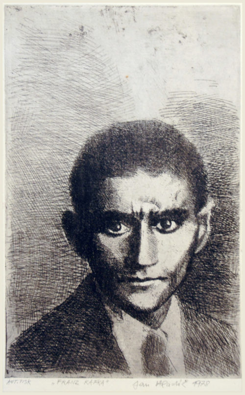 Imagem em preto e branco de um desenho do rosto de Franz Kafka.