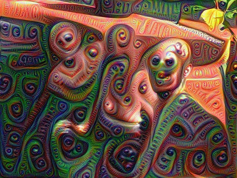 Ilustração digital abstrata, multicolorida, que retrata formas arredondadas semelhantes a rostos humanos, apresentando texturas semelhantes à pele de répteis.