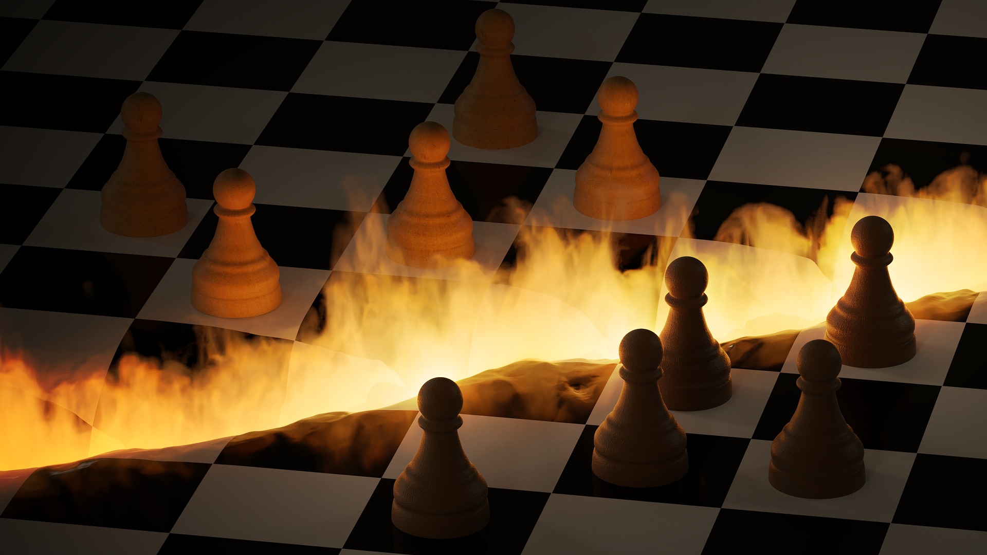 Ilustração de tabuleiro de xadrez, em três dimensões, dividido por uma faixa de fogo, como se fosse uma queimada.