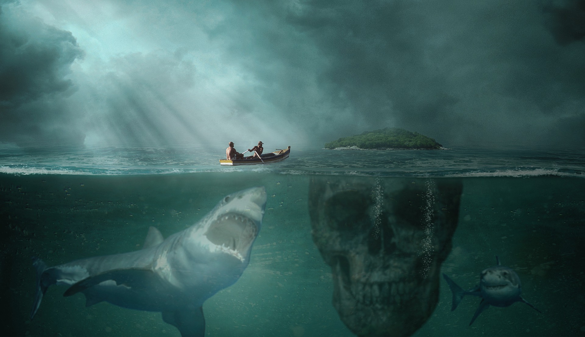 Imagem digital em que se vê um bote com dois homens remando em mar revolto, sob céu de tempestade, rumo a um ilha. Embaixo d'água, vê-se um tubarão se aproximando do bote, com a boca aberta, para abocanhá-lo. Mais abaixo, é possível ver outro tubarão rodeando a área. Por baixo da ilha, submersa, projeta-se a imagem de uma caveira enorme.